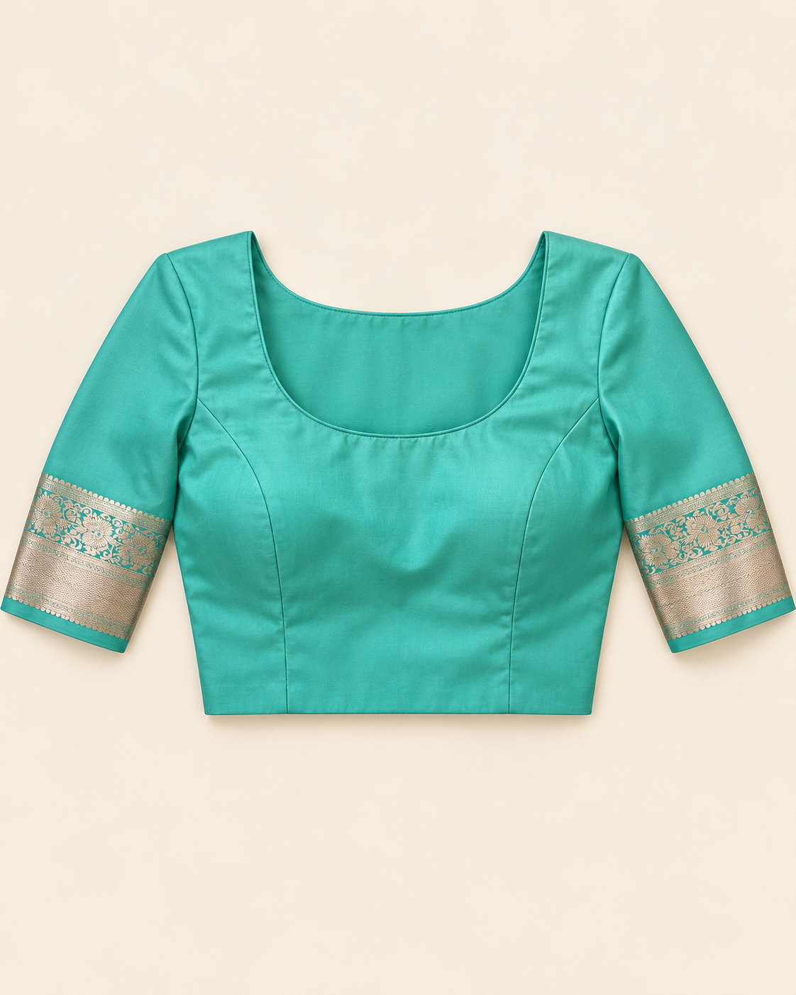 Turquoise stitched styling blouse with round neckline and champagne-gold sleeve borders