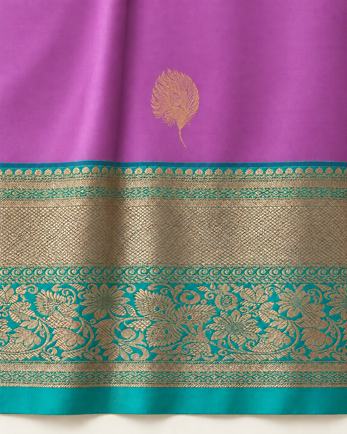 Gold peacock-feather motif on lilac silk with detailed turquoise and champagne-gold border