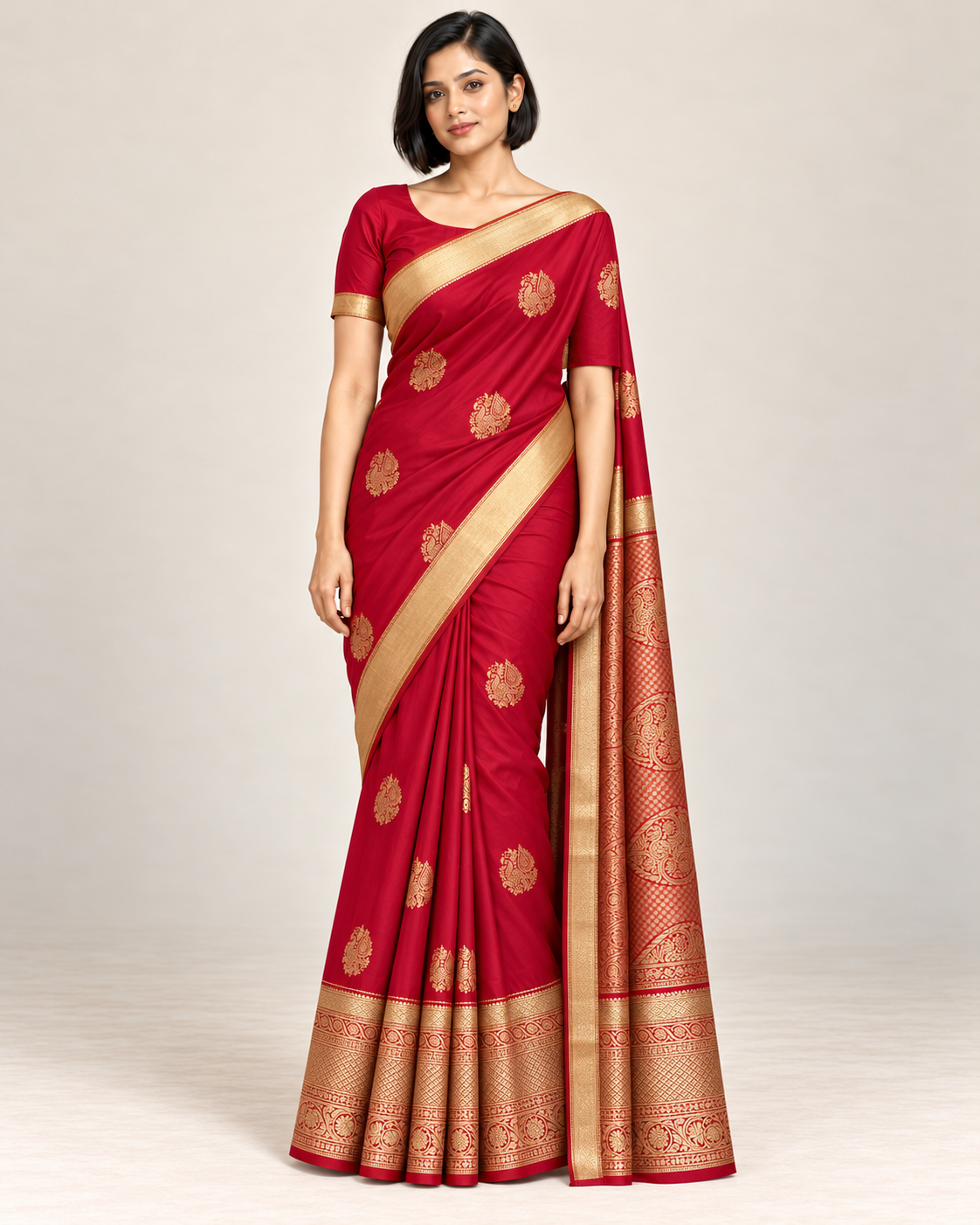 Front studio view of ruby red silk saree with small gold peacock paisley motifs