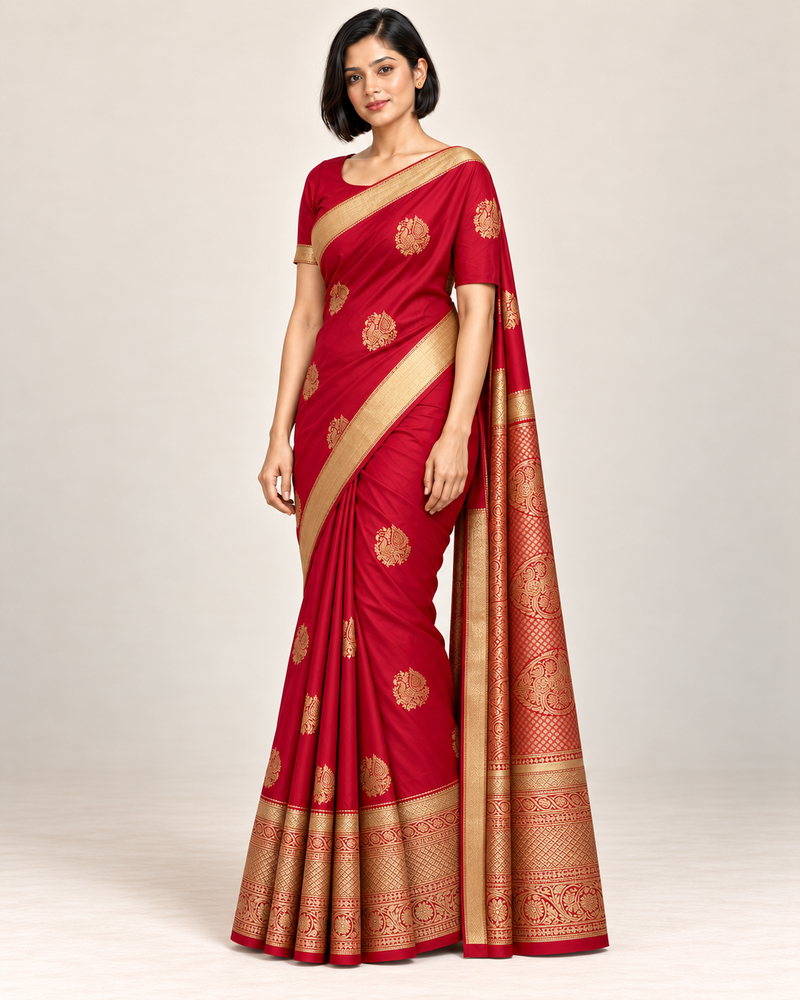 Three-quarter view of ruby red silk saree showing gold border and natural drape