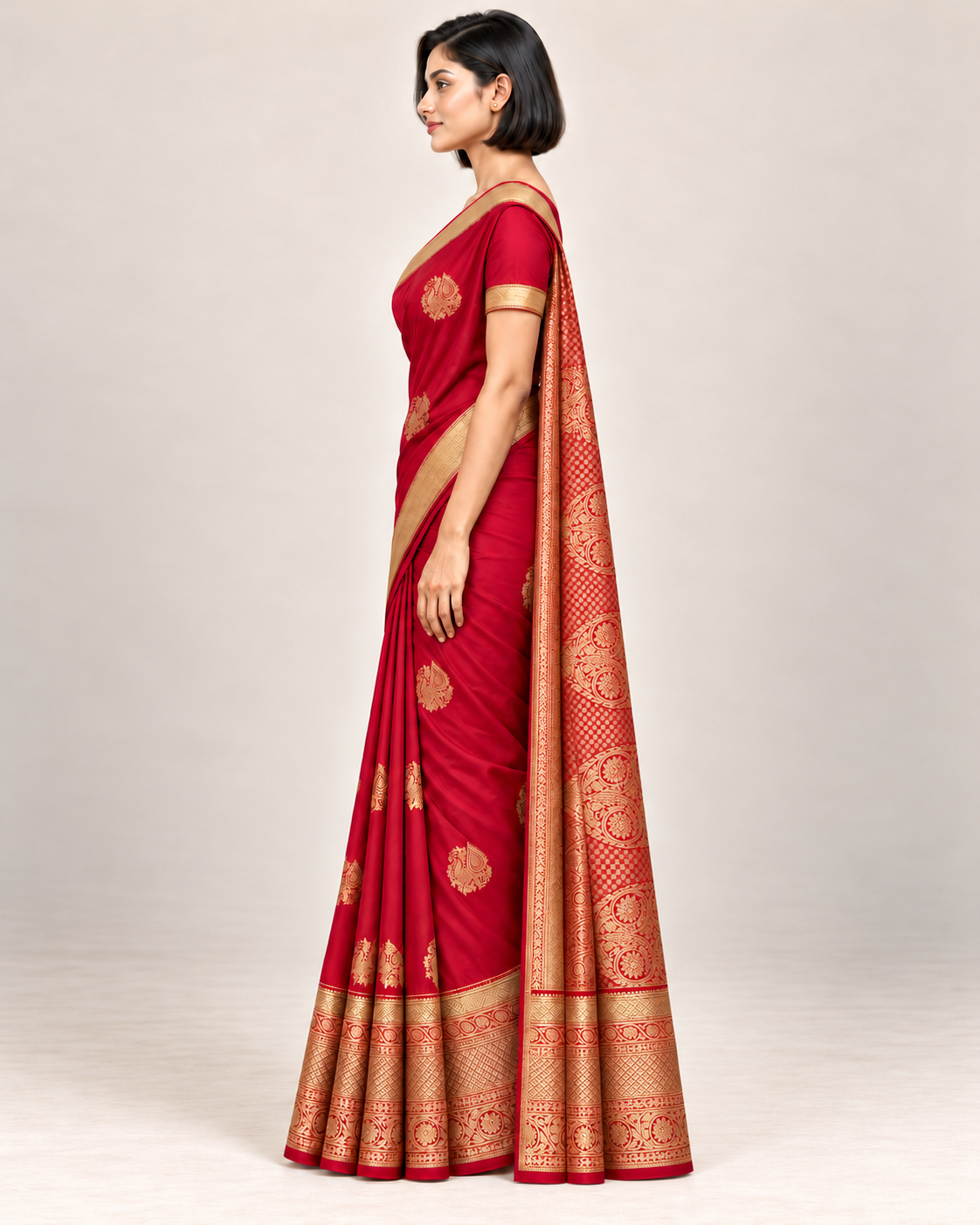 Side view of ruby red silk saree and patterned red and gold pallu