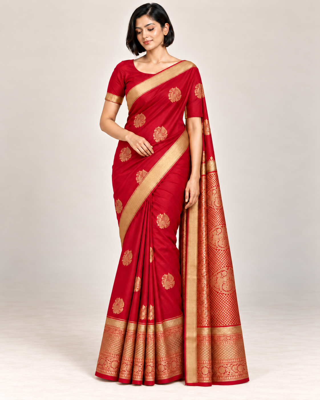 Relaxed studio pose showing ruby red silk saree pleats and gold border