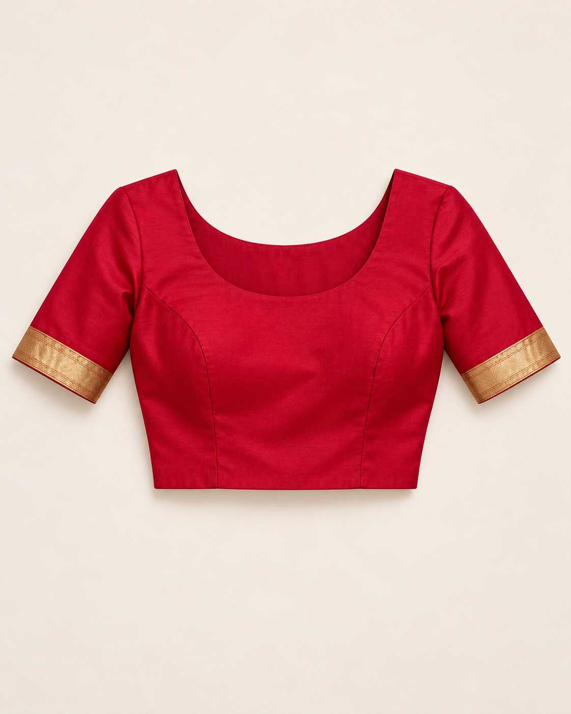 Separate raspberry-red stitched styling blouse with short sleeves and gold cuffs