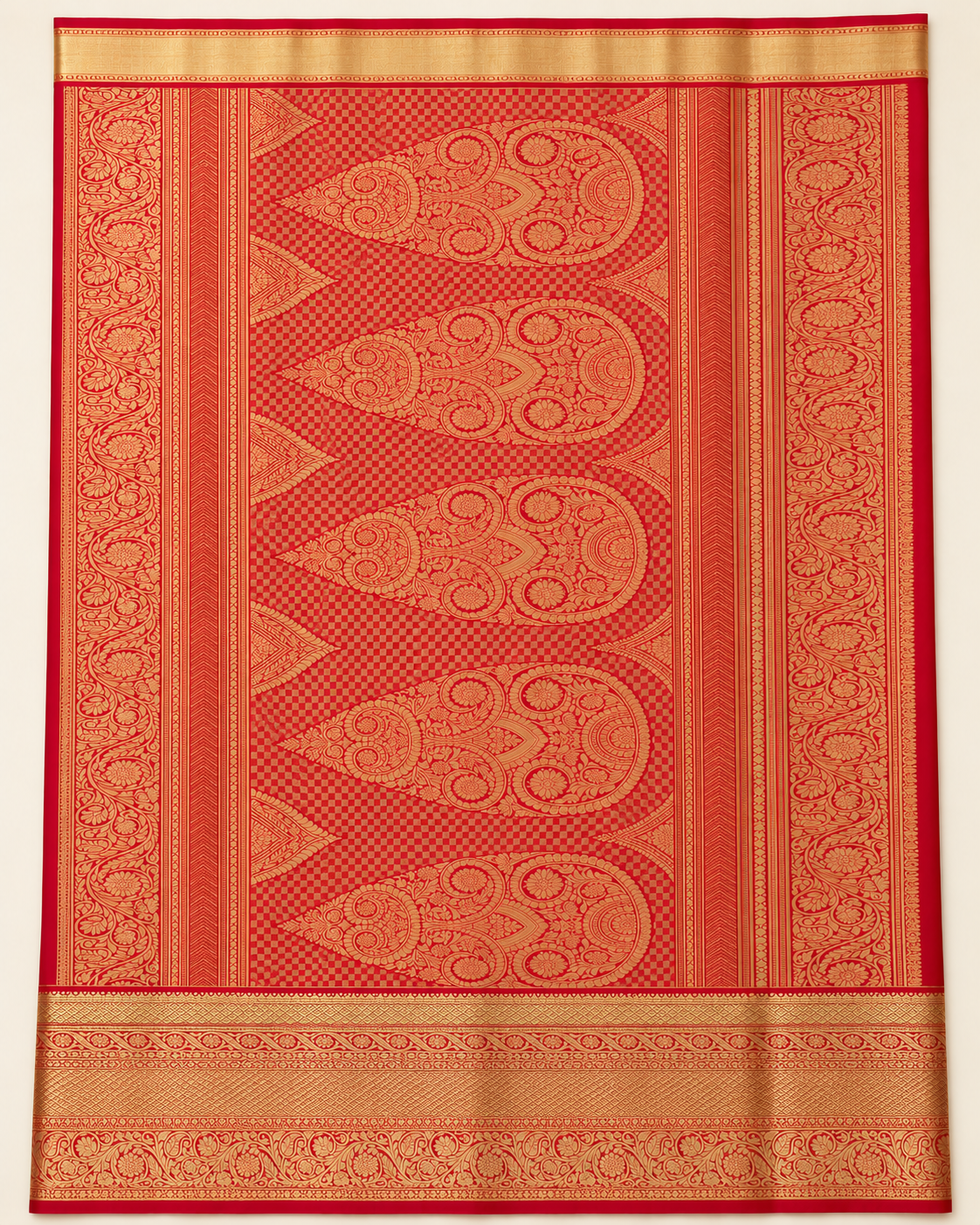 Full red and gold checked pallu with five crowned floral paisley motifs