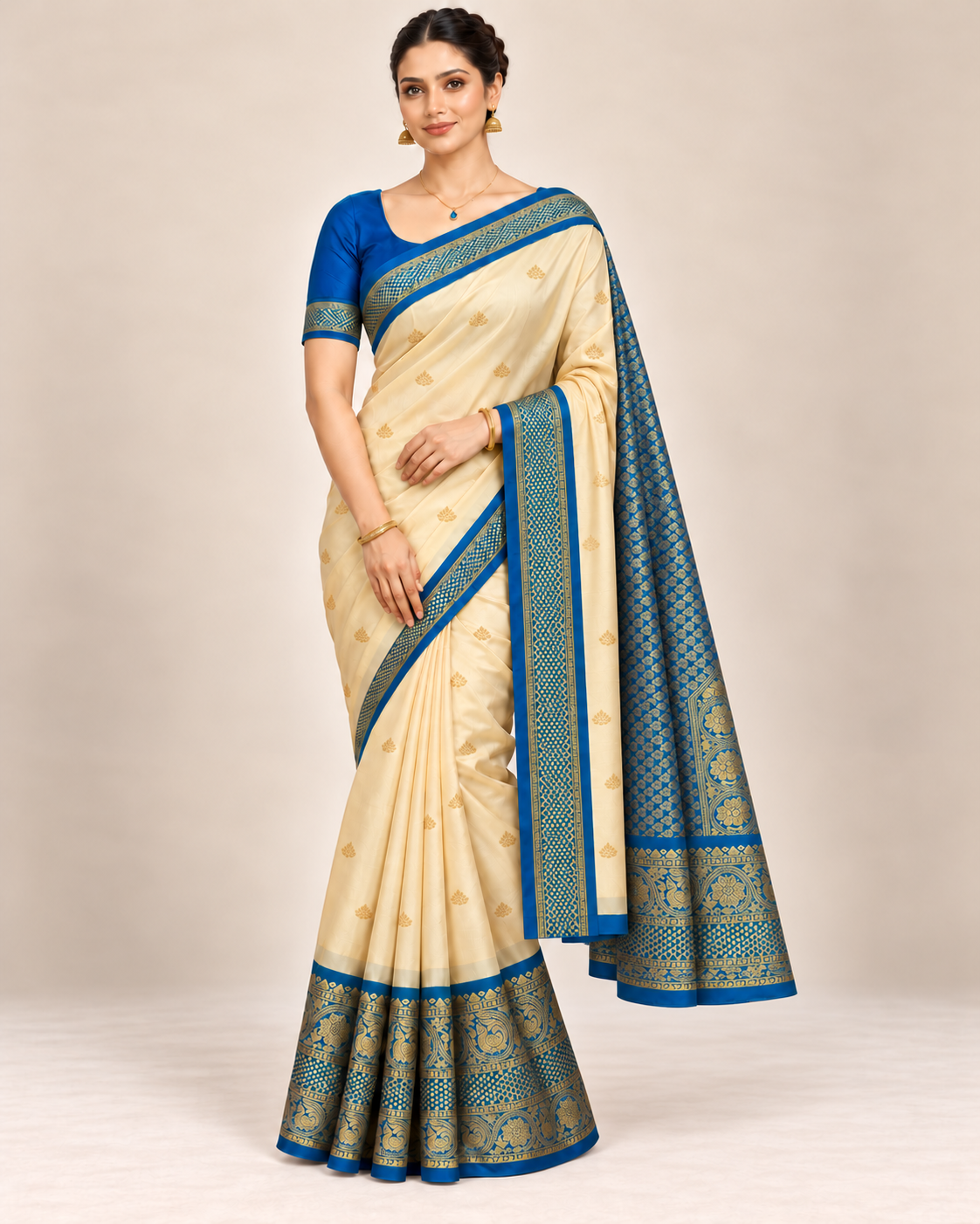 Front view of cream silk saree with blue and gold border