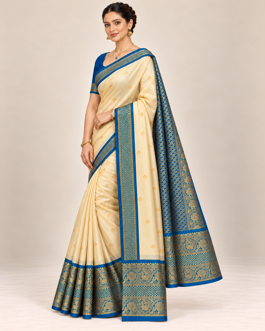 Three-quarter front view of cream and blue silk saree
