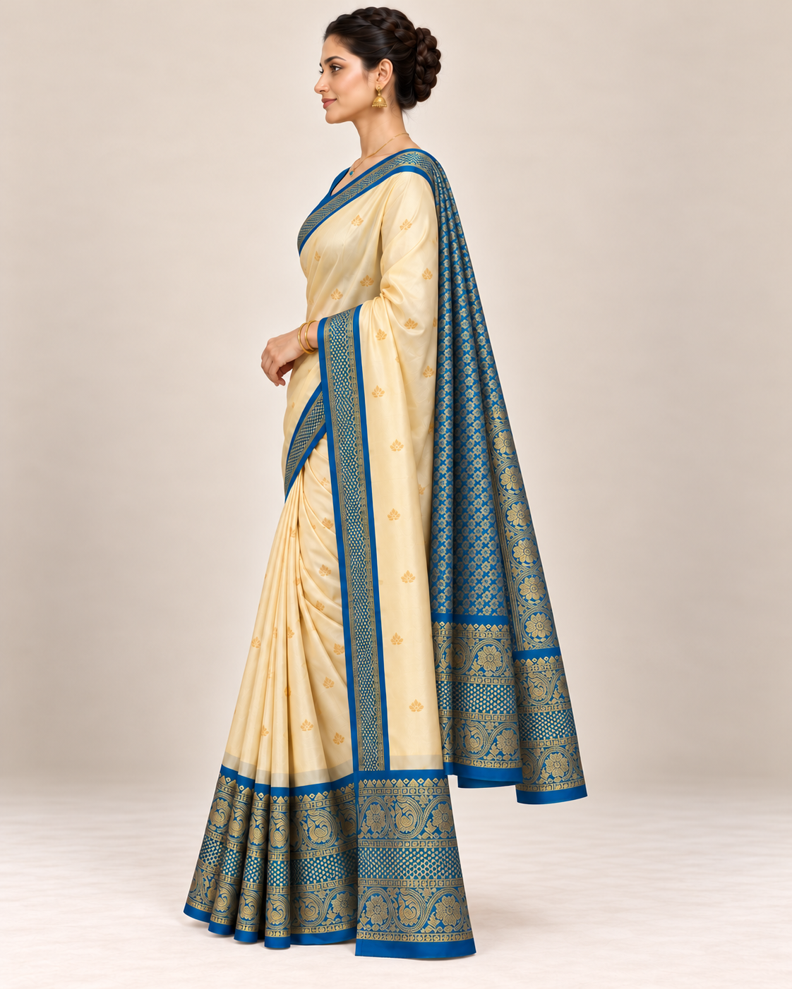 Side profile of cream silk saree with blue border