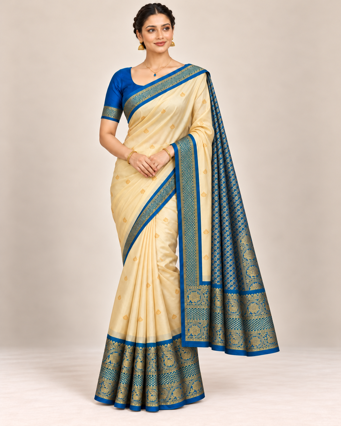 Cream silk saree styled with blue blouse and gold jewellery