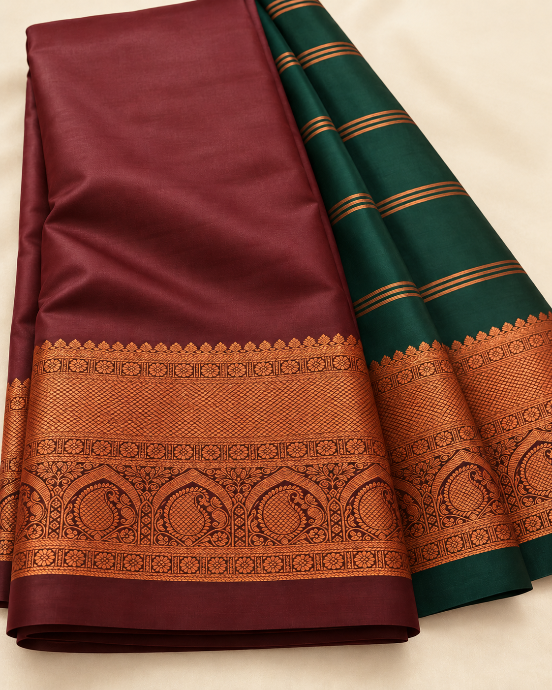 Close-up of brown-maroon silk and copper peacock medallion border