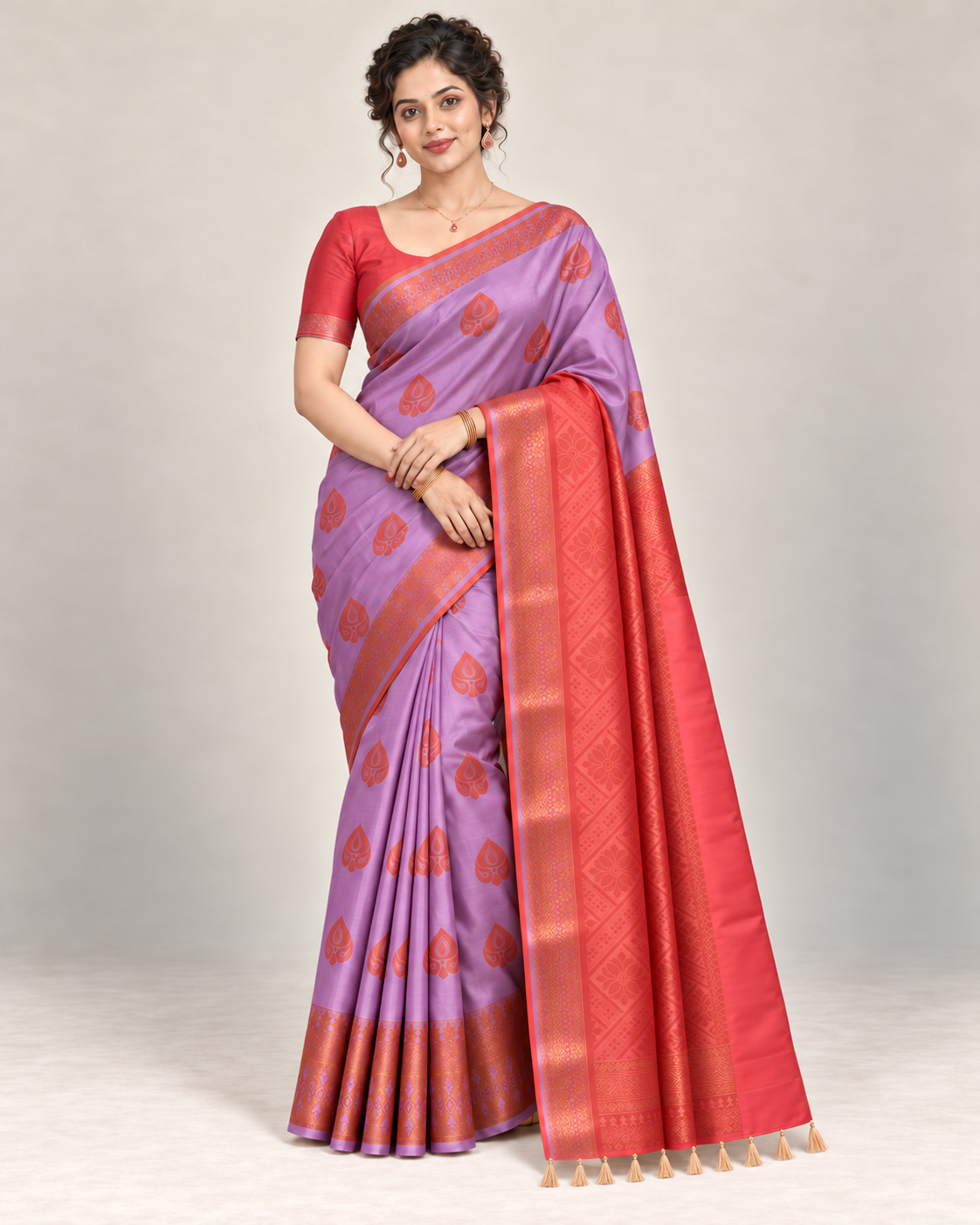 Front view of lilac silk saree with copper motifs and coral pallu