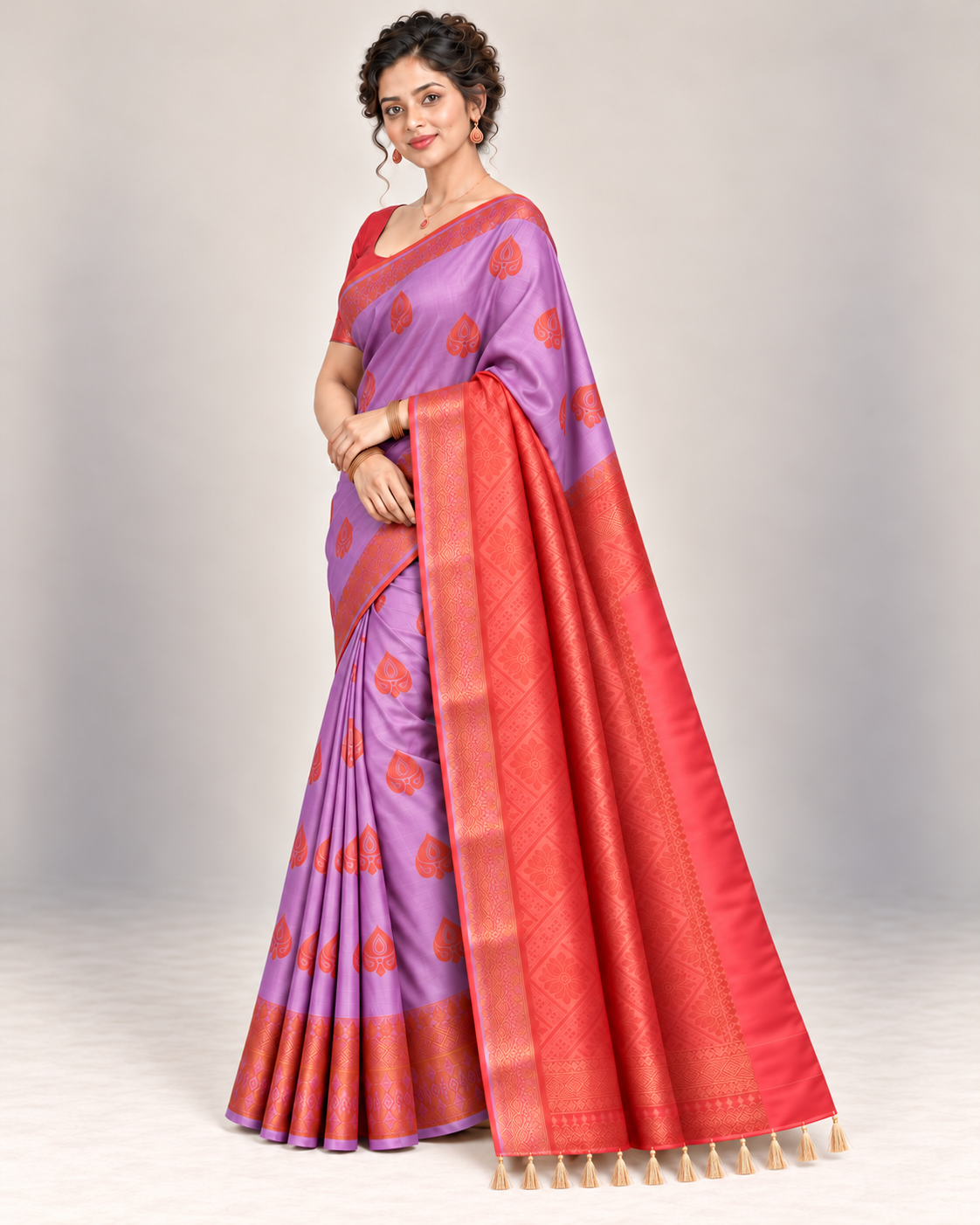 Three-quarter view of lilac silk saree and coral blouse