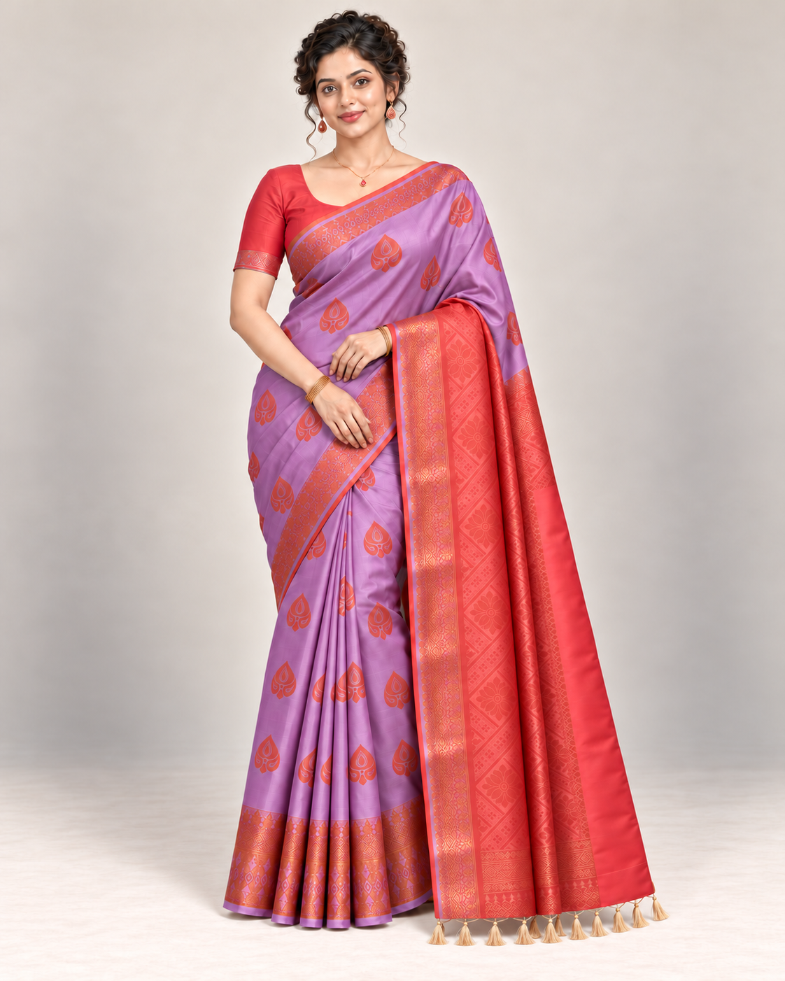Lilac silk saree with copper motifs in a relaxed studio pose
