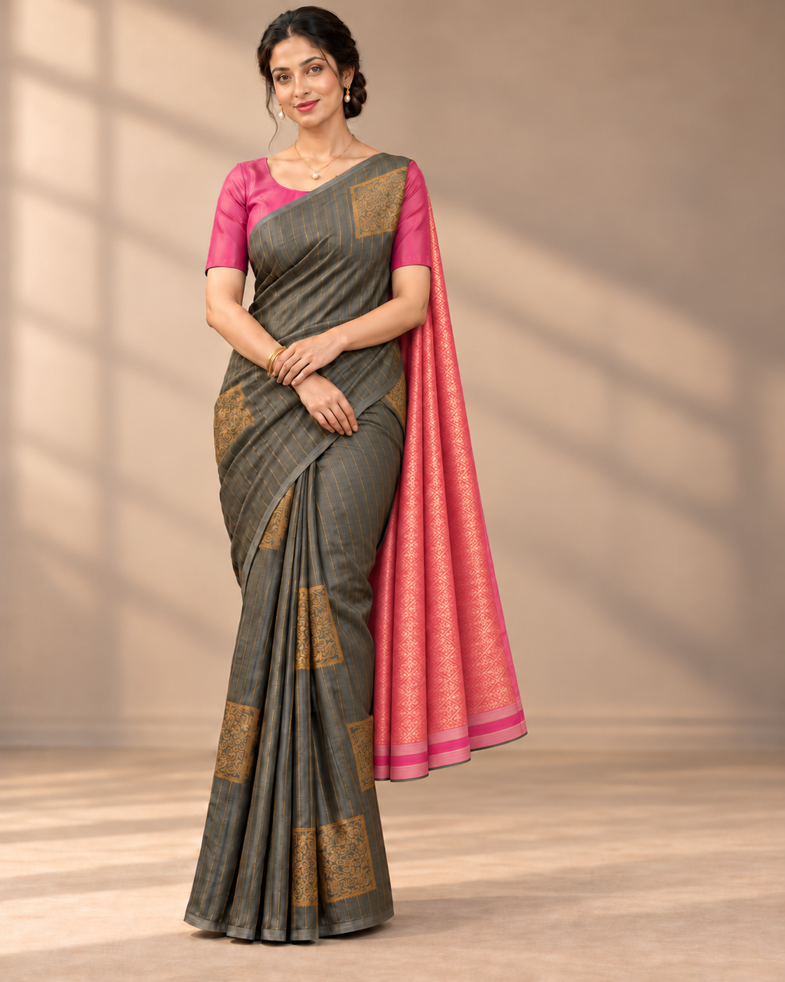 Front view — charcoal grey borderless silk saree