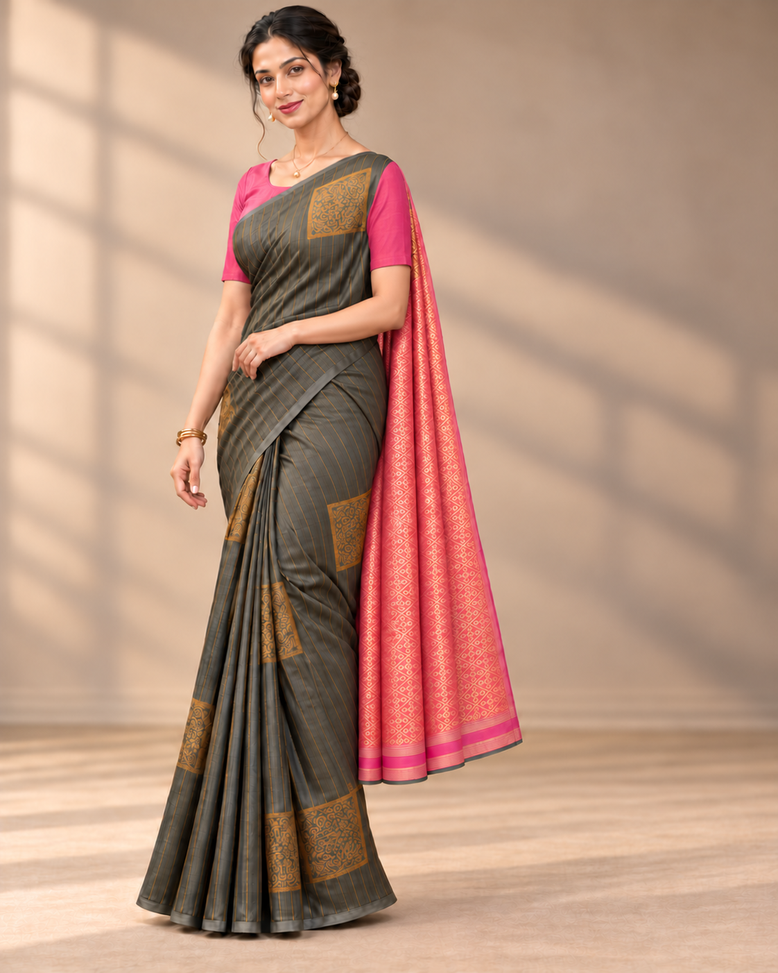 Three-quarter view — charcoal grey borderless silk saree