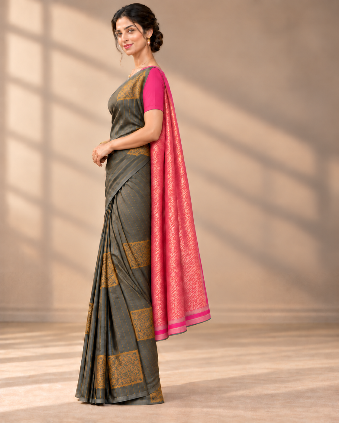 Side view — charcoal grey borderless silk saree