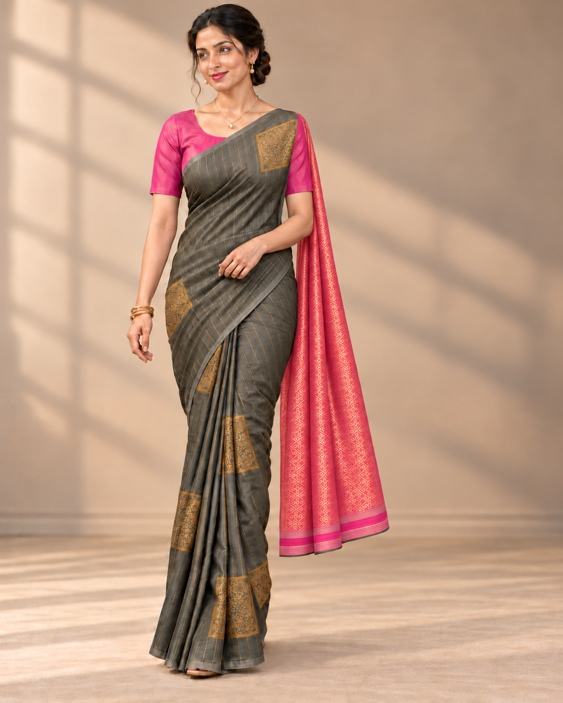Alternate pose — charcoal grey borderless silk saree