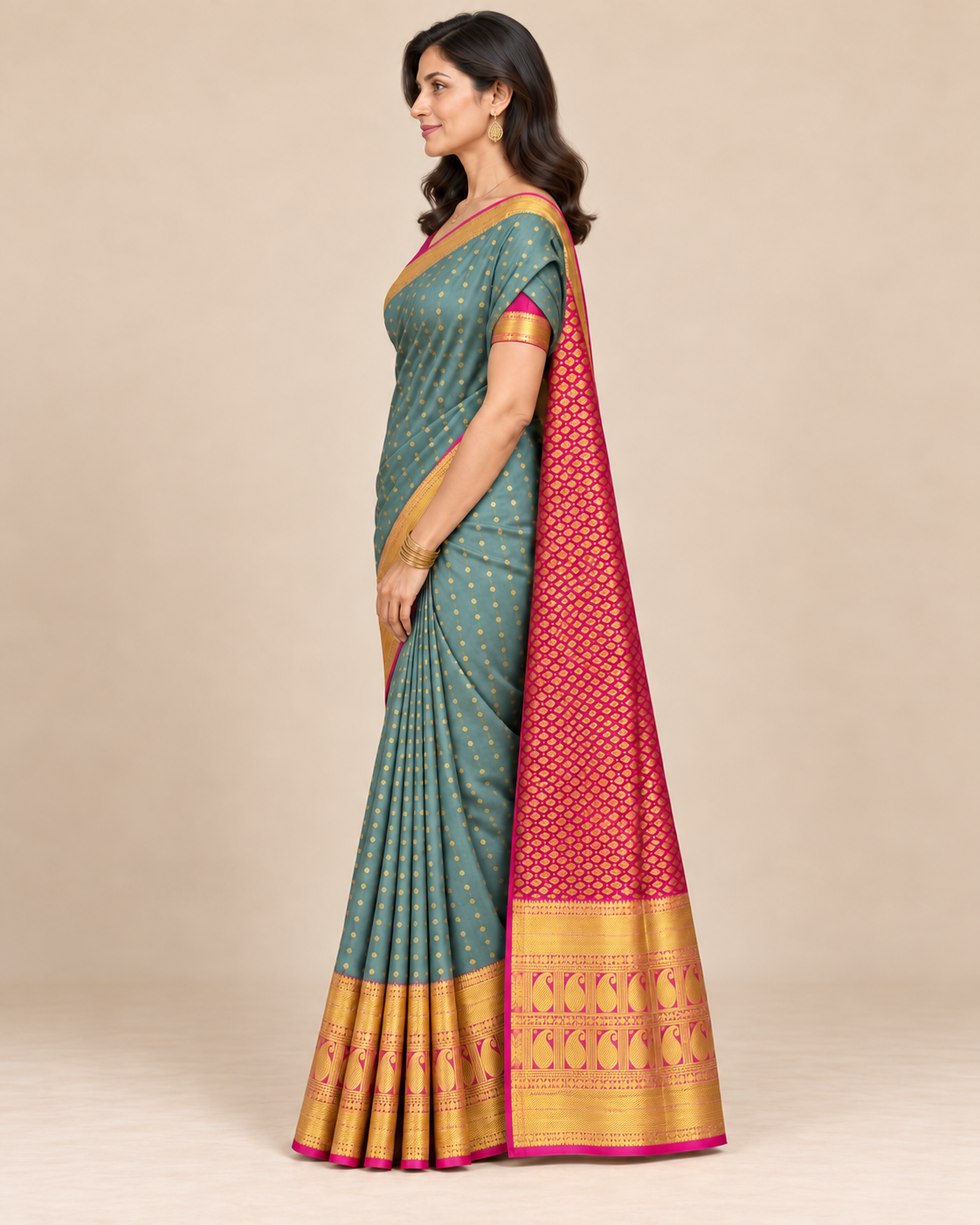 Side view — sage green silk saree