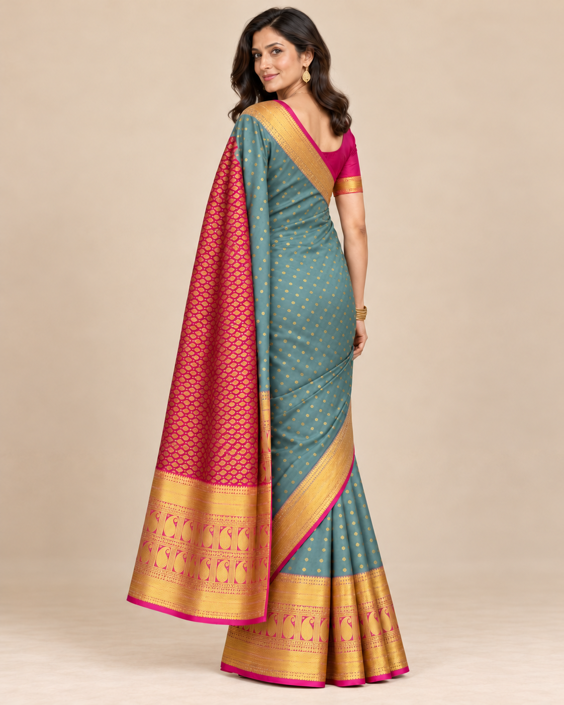 Back view — sage green silk saree