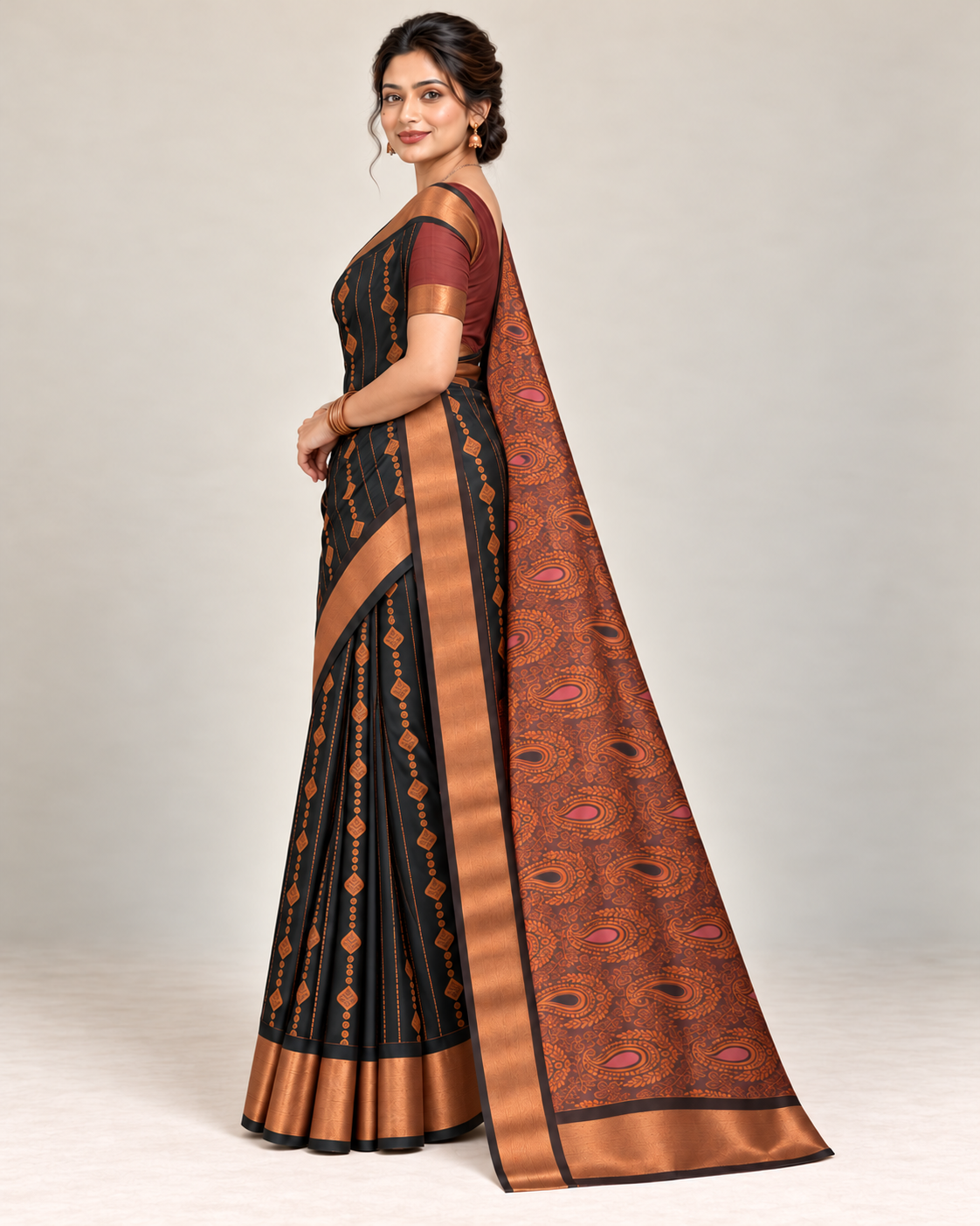 Side view — charcoal silk saree