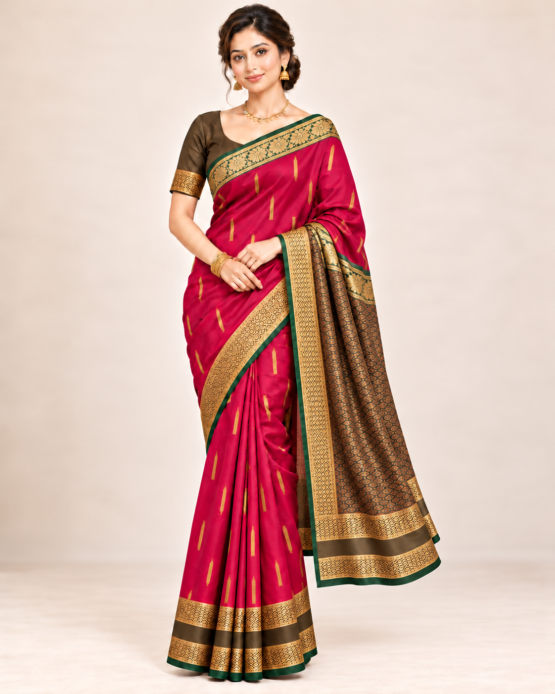 Front view of a fuchsia silk saree with gold motifs and a double geometric border