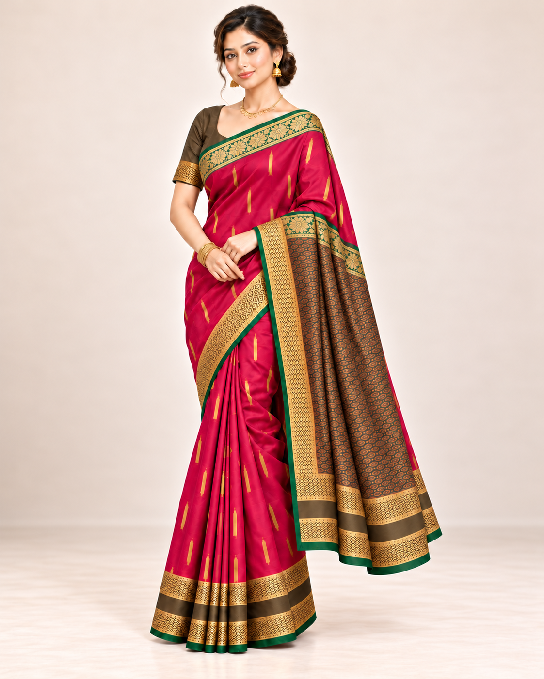 Three-quarter view of a fuchsia silk saree with an olive-toned pallu