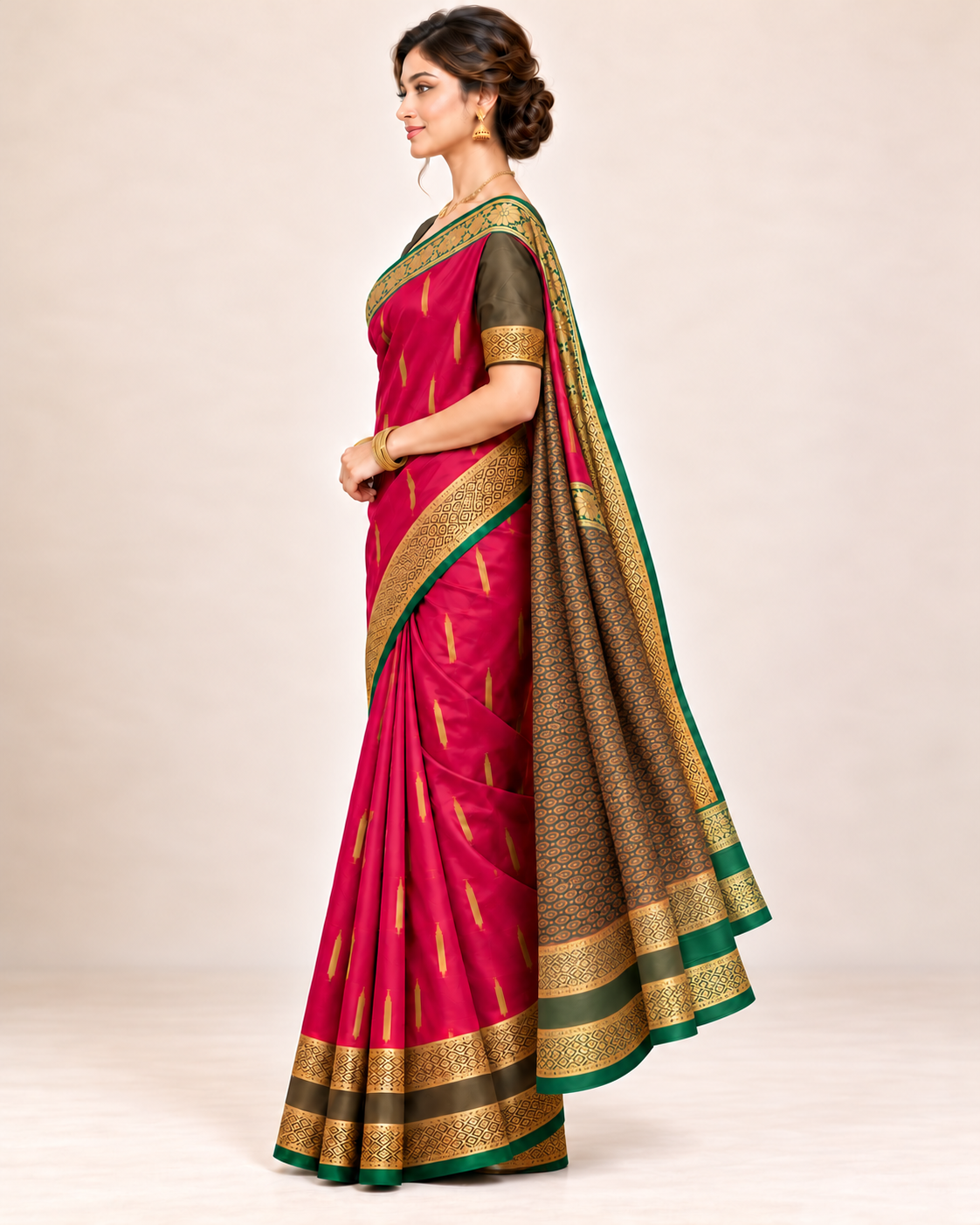 Side view of a fuchsia silk saree with gold detailing