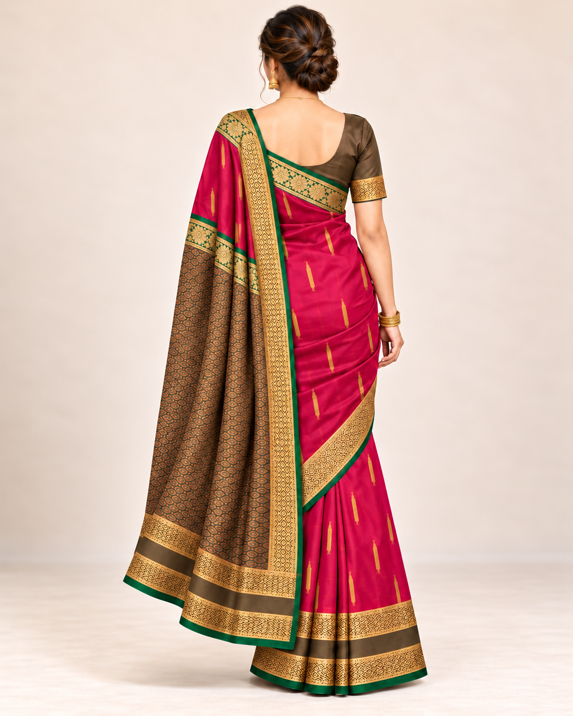 Rear view of a fuchsia silk saree and patterned olive pallu