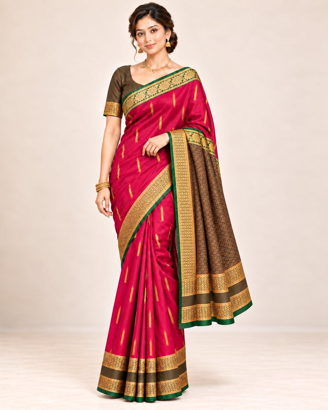 Fuchsia silk saree in a relaxed pose with a folded pallu