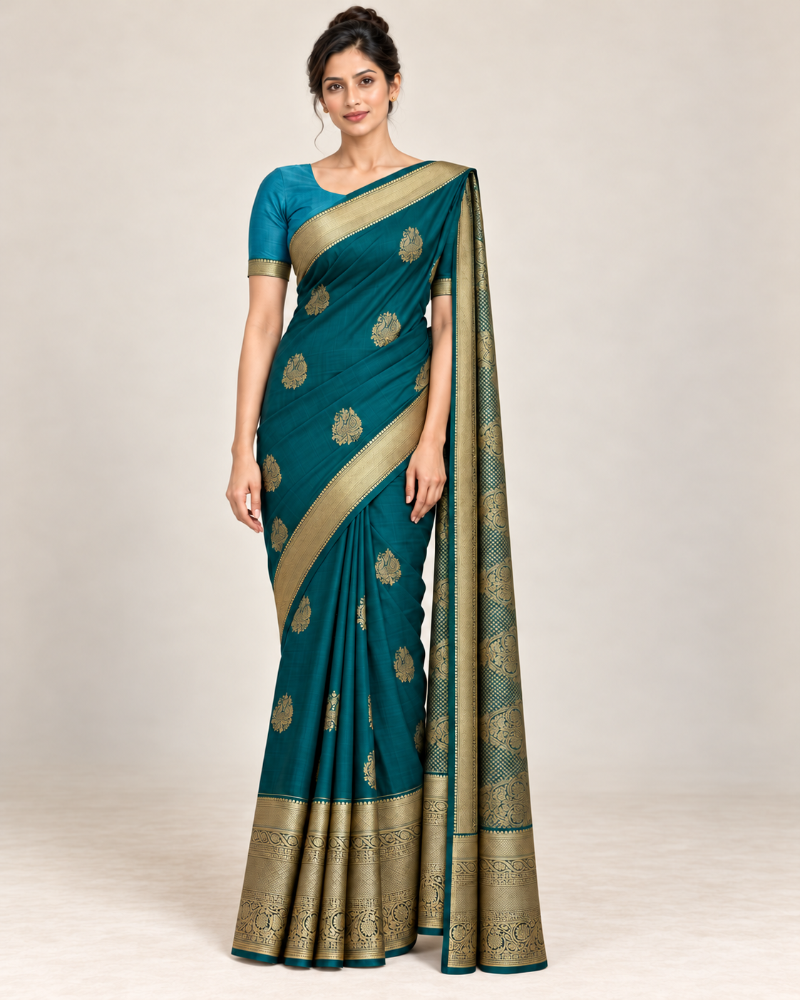 Full-length front studio view of teal blue silk saree with small gold peacock paisley motifs and lighter blue styling blouse