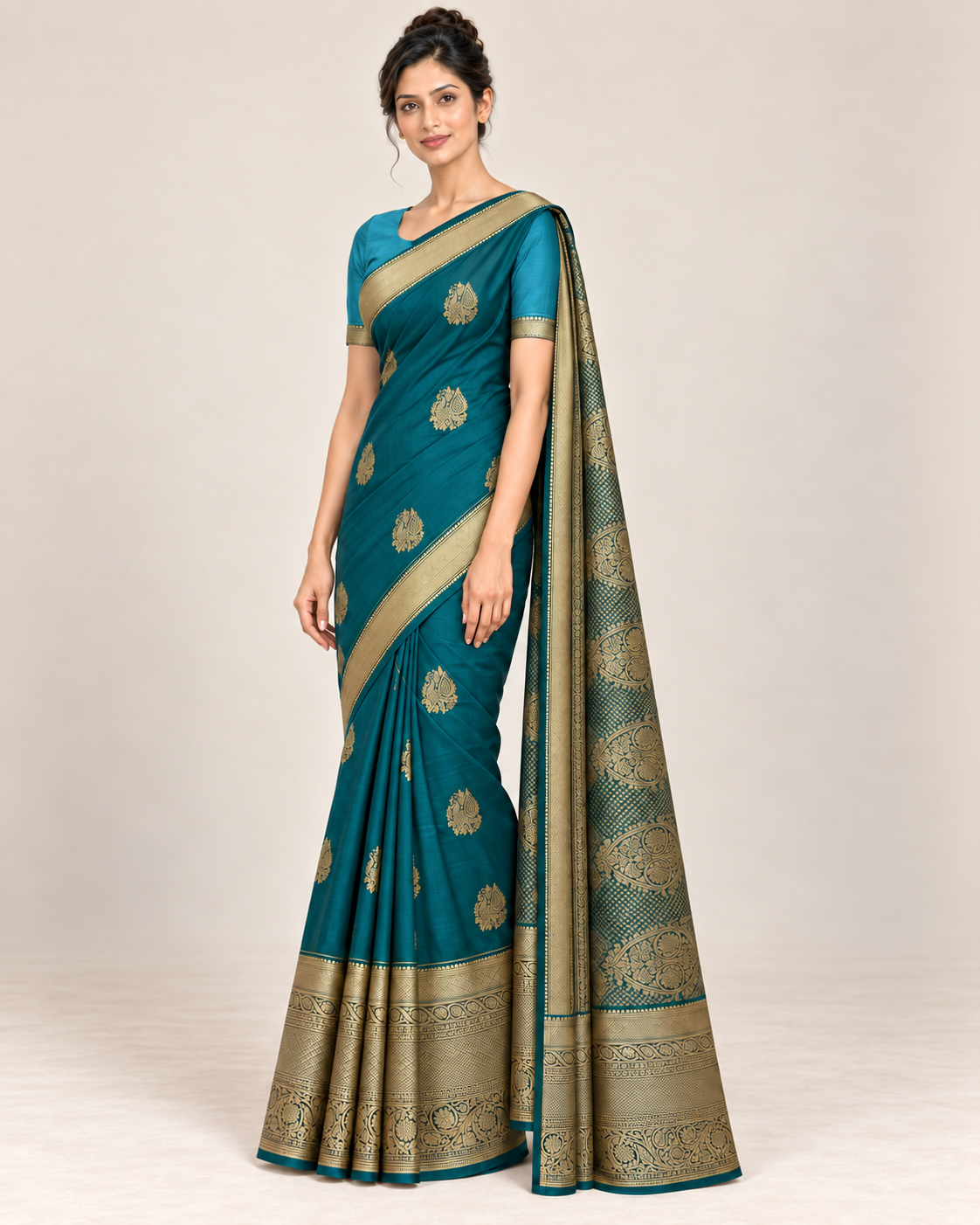 Three-quarter studio view of teal blue silk saree and lighter blue styling blouse