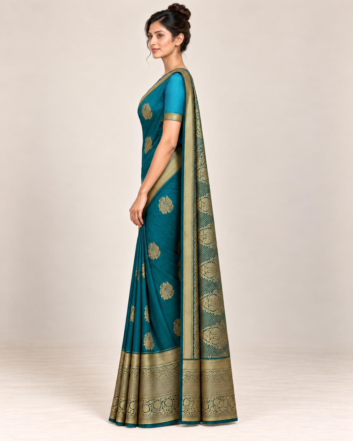 Side studio view of teal blue silk saree showing natural drape and gold border