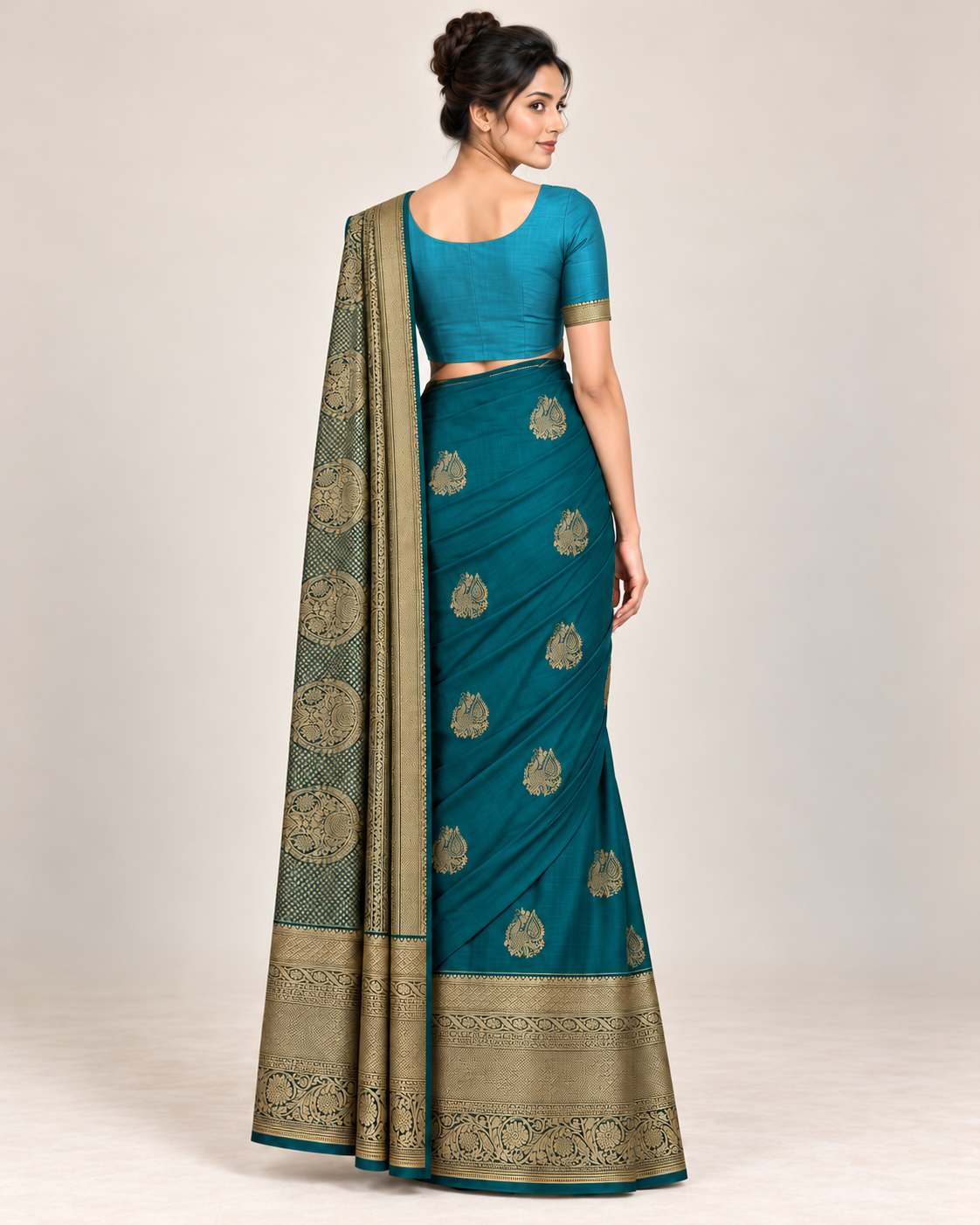 Rear studio view of teal blue silk saree and lighter blue styling blouse