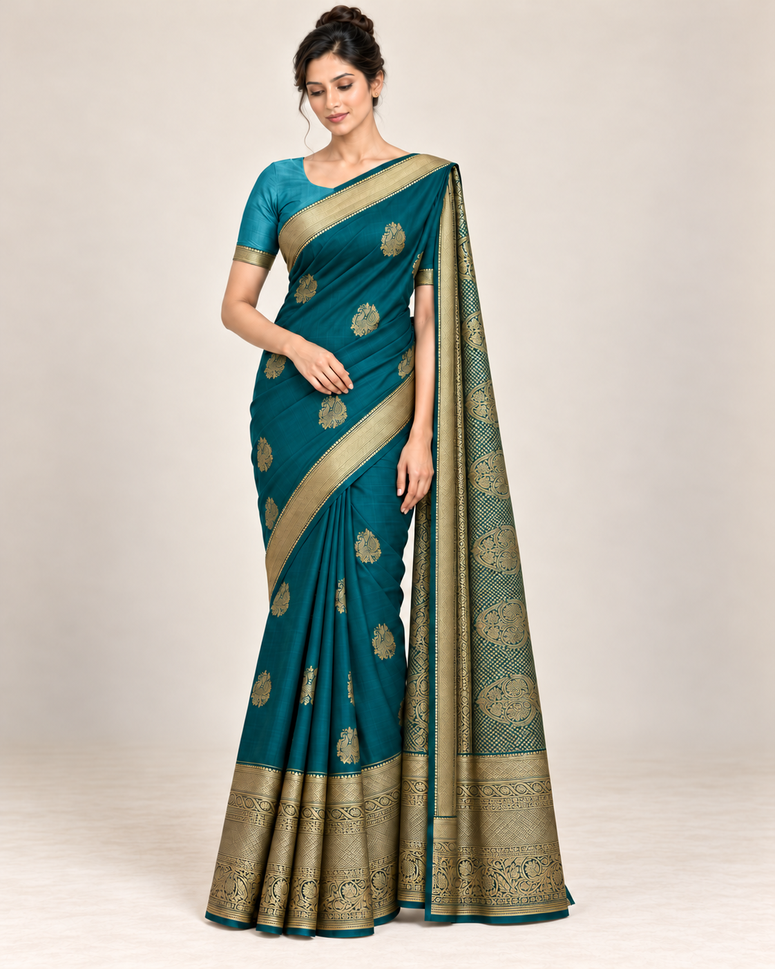 Relaxed studio pose showing teal blue silk saree pleats and gold border
