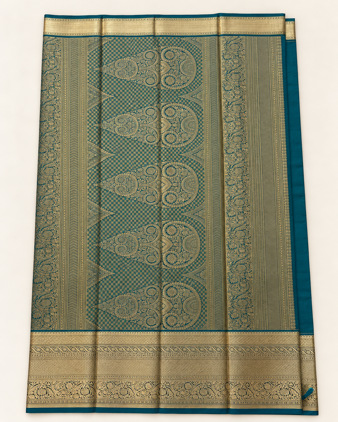 Teal blue and gold checked pallu with five ornate floral paisley motifs