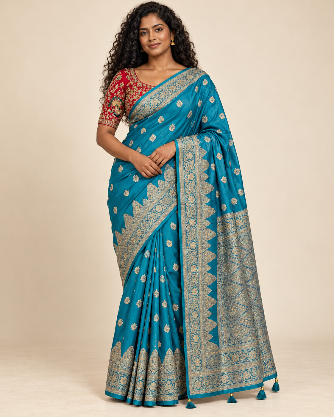 Front view of turquoise Mysore silk saree with red embroidered blouse
