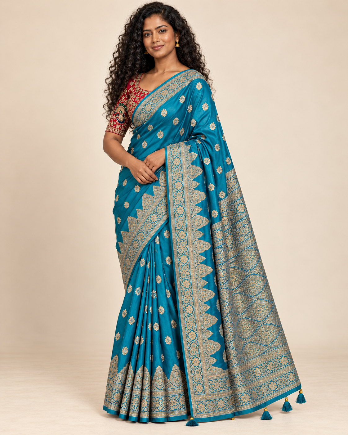 Three-quarter view of turquoise saree and red blouse