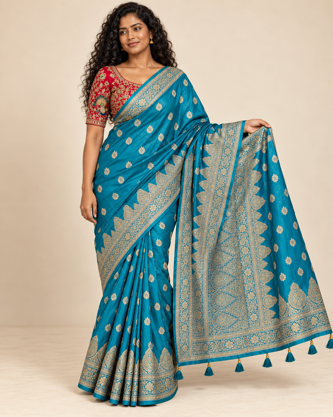Turquoise Mysore silk saree shown with pallu extended