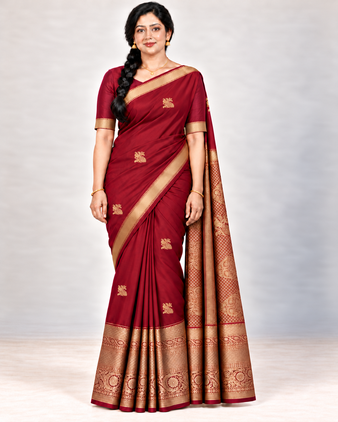 Front view of a wine red silk saree with small gold peacock motifs and a gold border, styled with gold jewellery