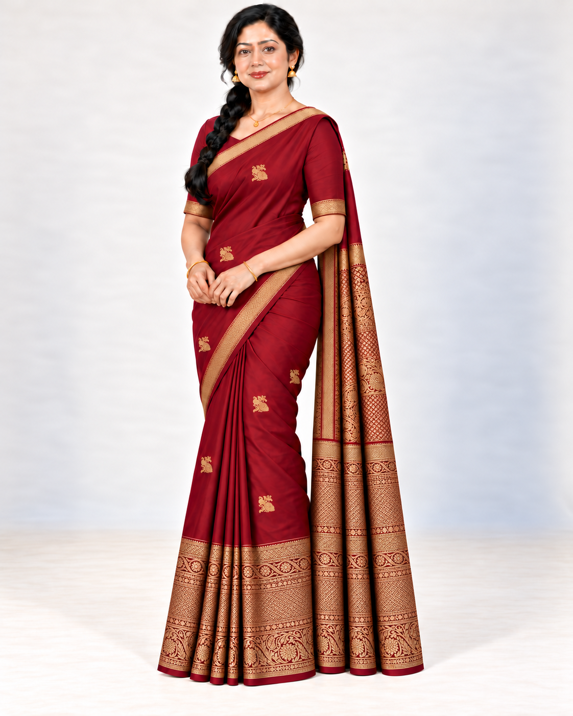 Three-quarter view of the wine red silk saree with gold peacock motifs