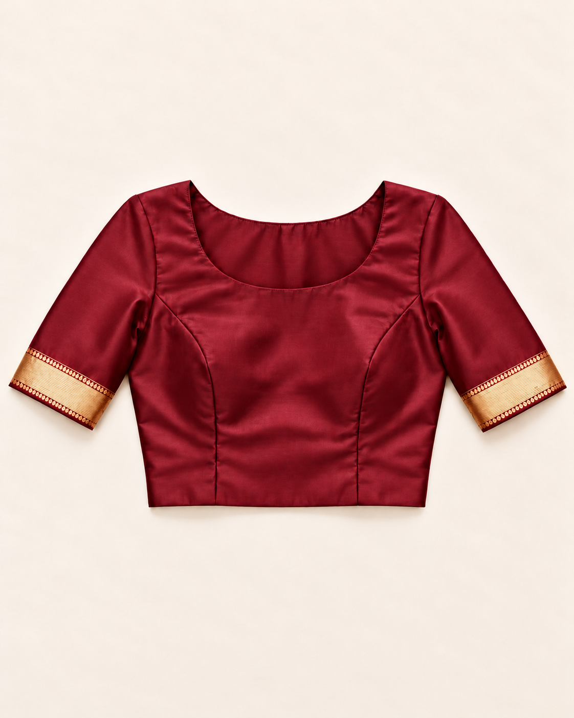 Separate wine red stitched styling blouse with a round neckline and gold sleeve cuffs